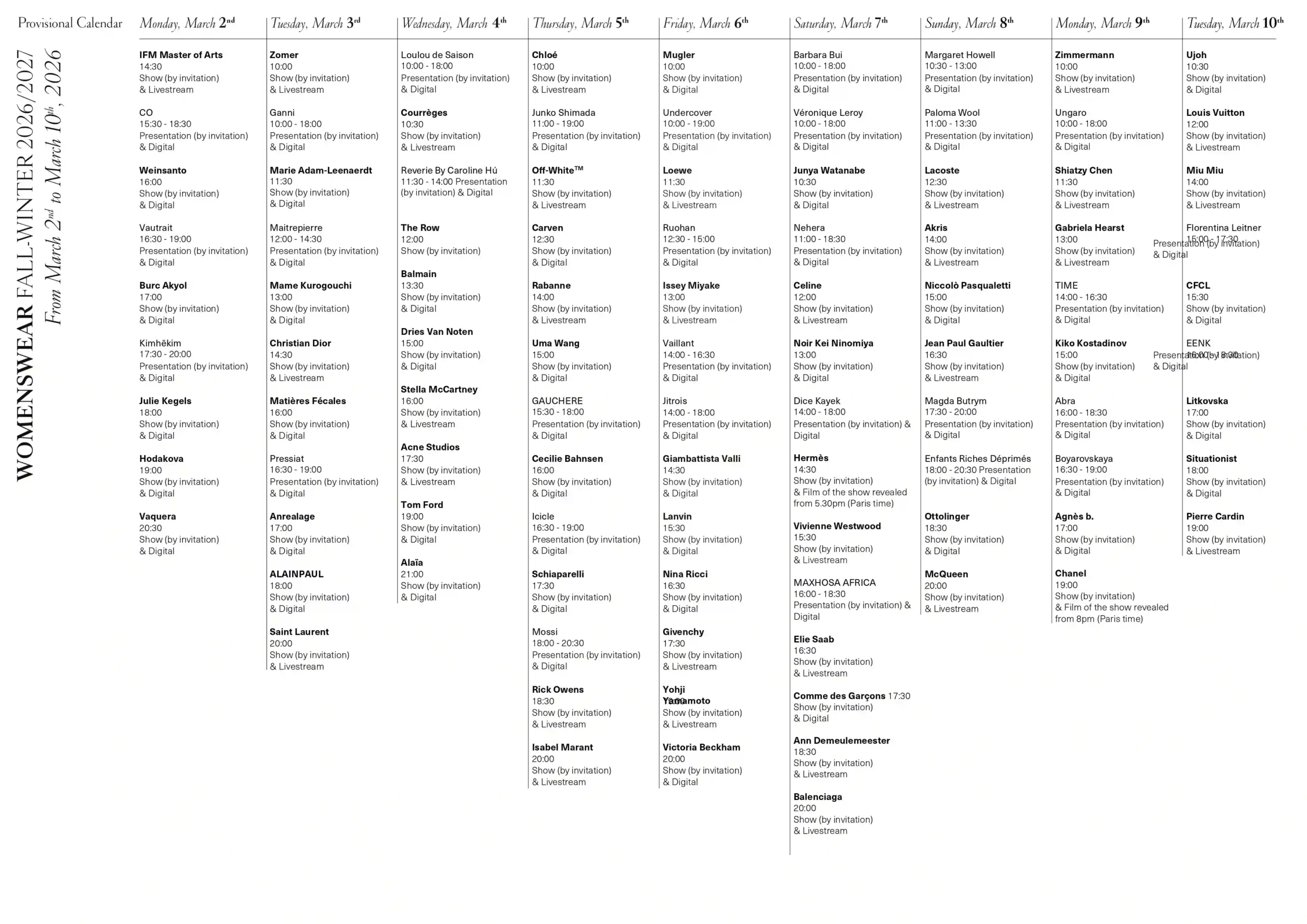 Paris Fashion Week full schedule